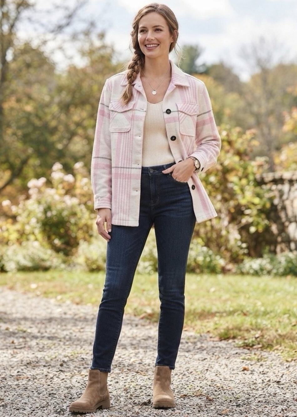 Anna Cai Pastel Button-Down Cotton Flannel Shacket Shirt Small Pink Fall jacket